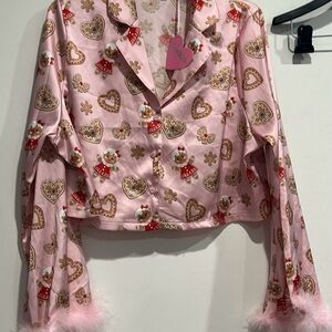 Dolls Kill Sugar Thrillz Gingerbread Festive Pink Pajama Top size M